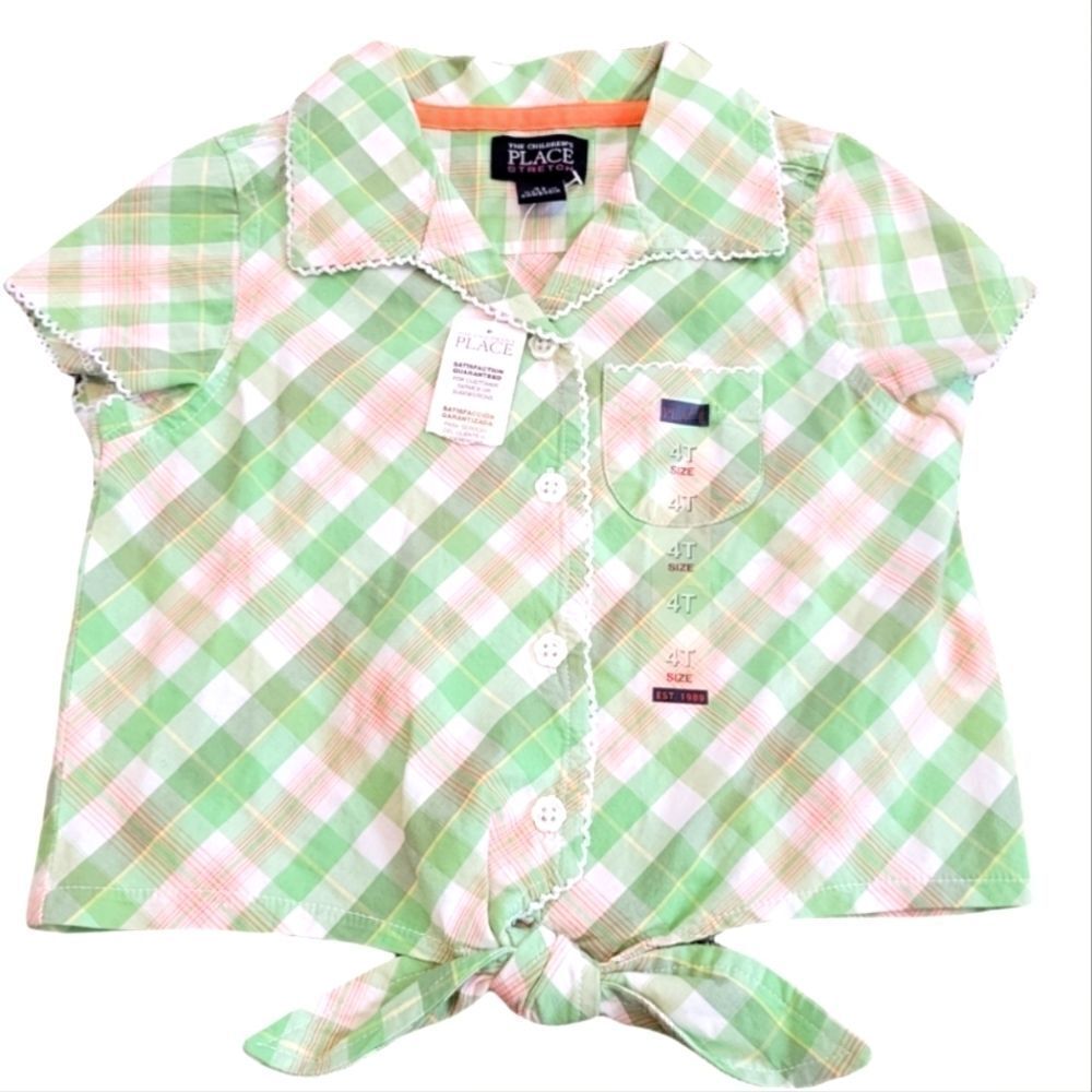 NWT THE CHILDREN'S PLACE STRETCH PLAID BUTTON UP TIE IN FRONT TOP SZ. 4T